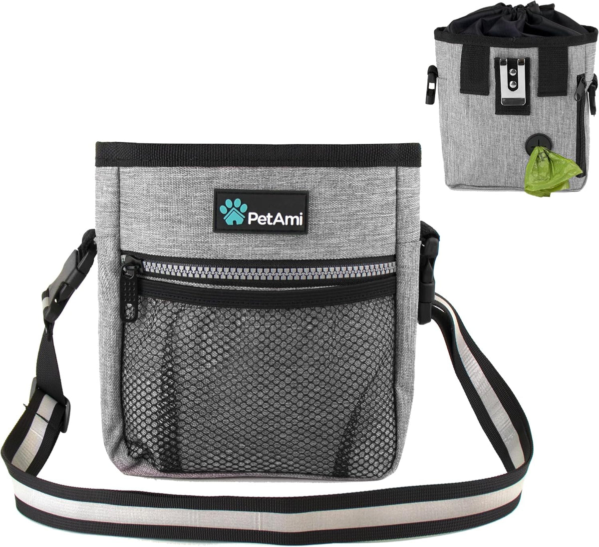 PetAmi Dog Treat Pouch, Pet Treat Pouch For Training, Dog Walking Bag Holder for Kibbles, Pet Food Toy, Dog Trainer Essentials Supplies, Poop Bag Dispenser, 3 Ways to Wear (Heather Gray)