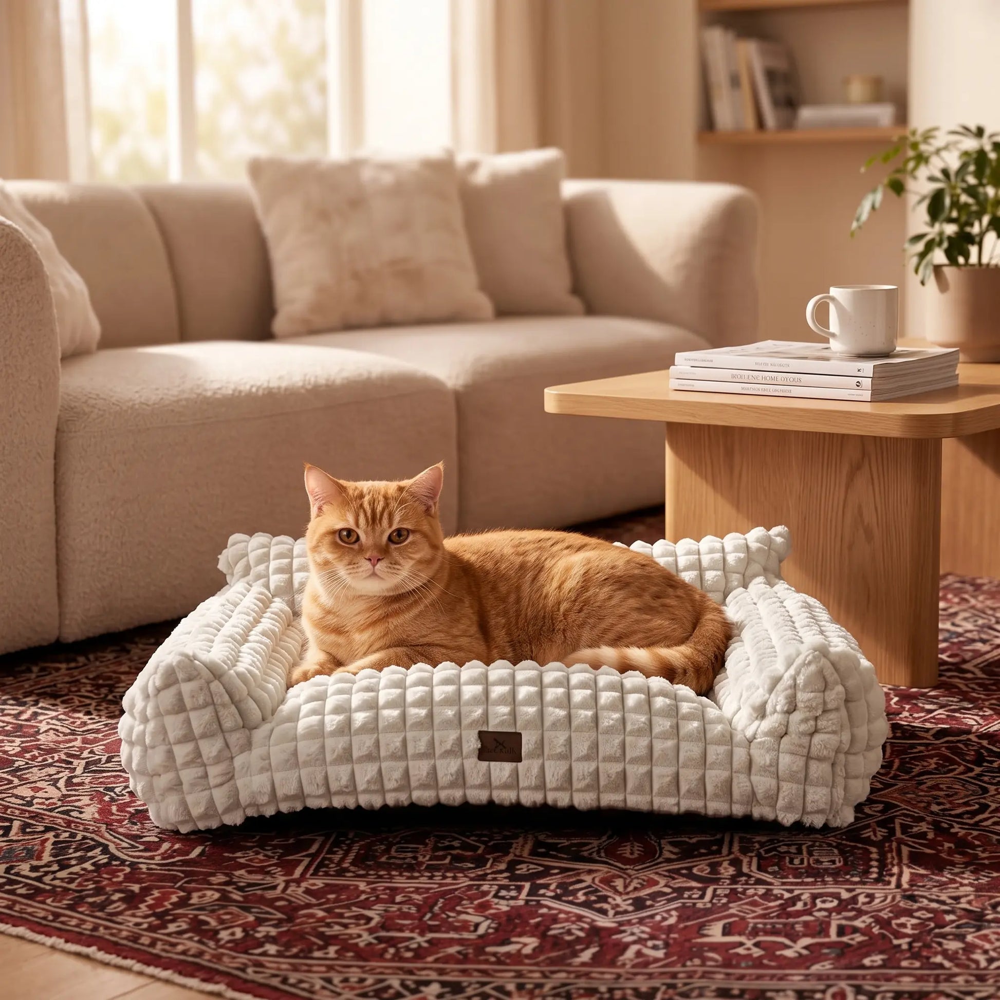 24" Faux Rabbit Fur Pet Couch Bed for Cats - Fluffy 3D Diamond Pattern Sofa, Removable Washable Cover, Non-Slip Base, Suitable for Small Dogs & Kittens Campingessentials