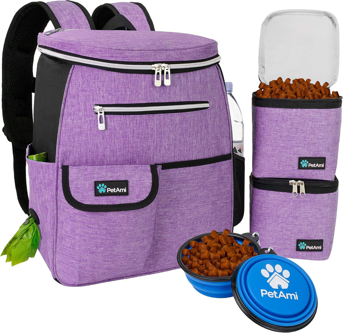 PetAmi Dog Travel Bag Backpack, 27L Airline Approved Pet Supplies Organizer with 2 Food Containers, 2 Collapsible Bowls & Poop Bag Dispenser, Weekend Road Trip Camping Dog Mom Gift, Purple