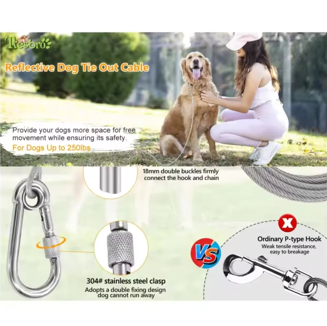 Double-headed Dog Tie Out Cable Leash ,raction rope with metal buckle steel wire anti-rust training collar,Outdoor Dogs Strap