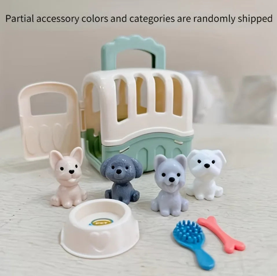 8pcs/set Cute Dog Pet Basket Family Toys Dog Doll Set Dog Cage Toys Scene Playing Toys Christmas Decoration Gifts