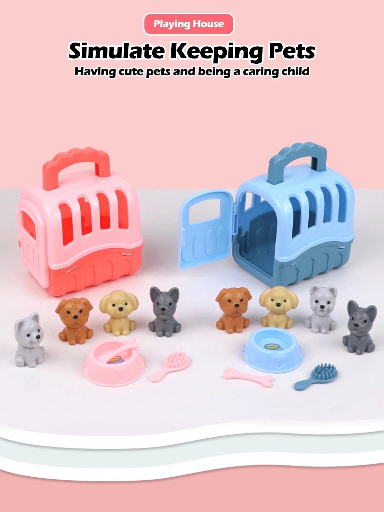 Cute Dog Pet Basket Family Toys Dog Doll Set Cage Toys Scene Playing Toys Christmas Decoration Thanksgiving Gifts color randomly