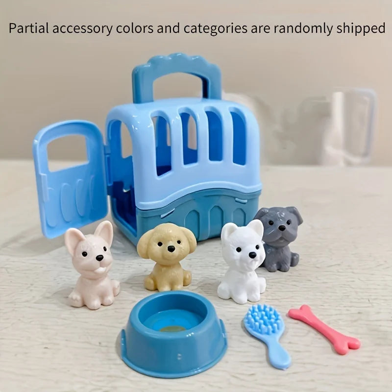 8pcs/set Cute Dog Pet Basket Family Toys Dog Doll Set Dog Cage Toys Scene Playing Toys Christmas Decoration Gifts