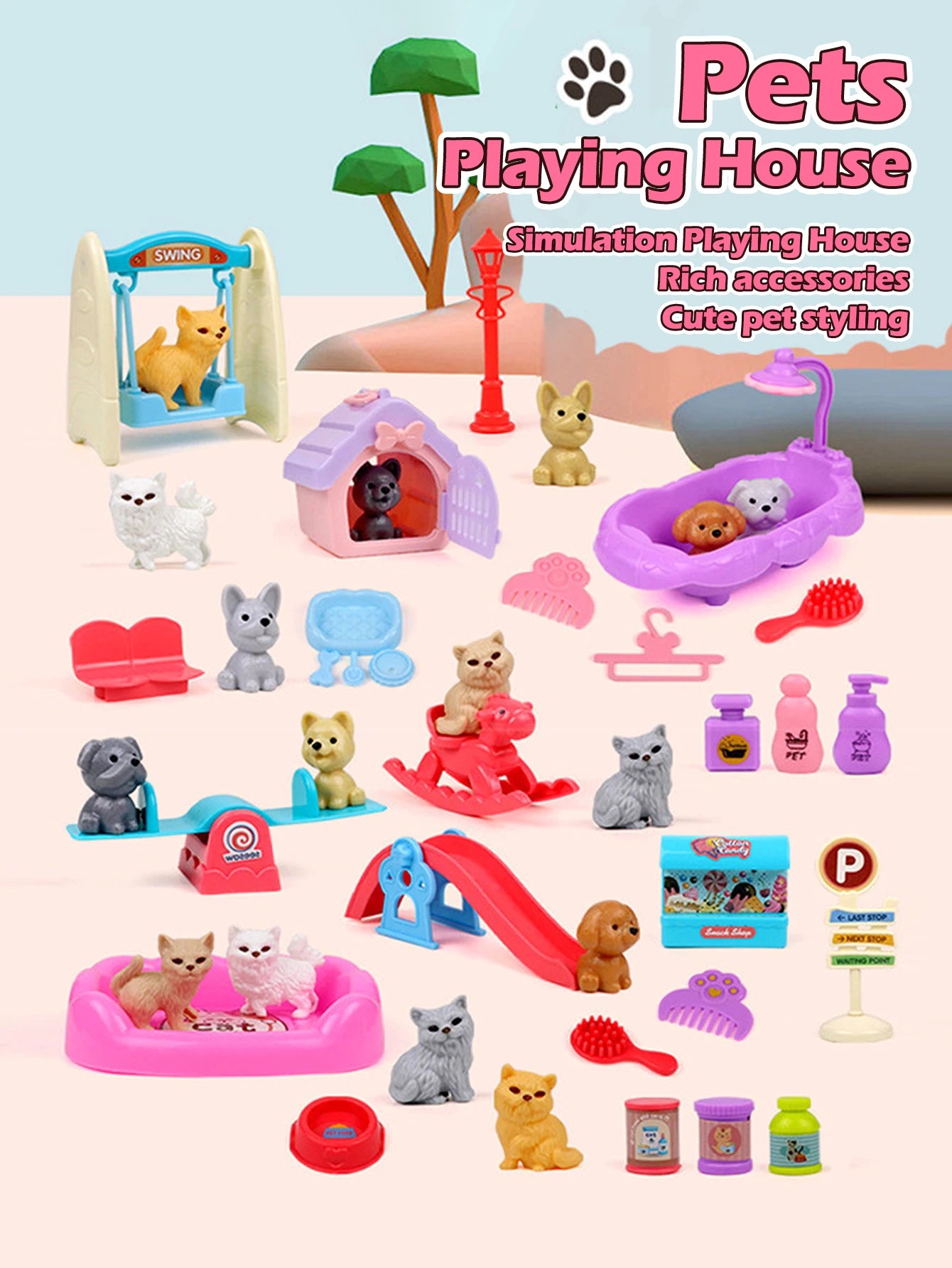 Cute Dog Pet Basket Family Toys Dog Doll Set Cage Toys Scene Playing Toys Christmas Decoration Thanksgiving Gifts color randomly