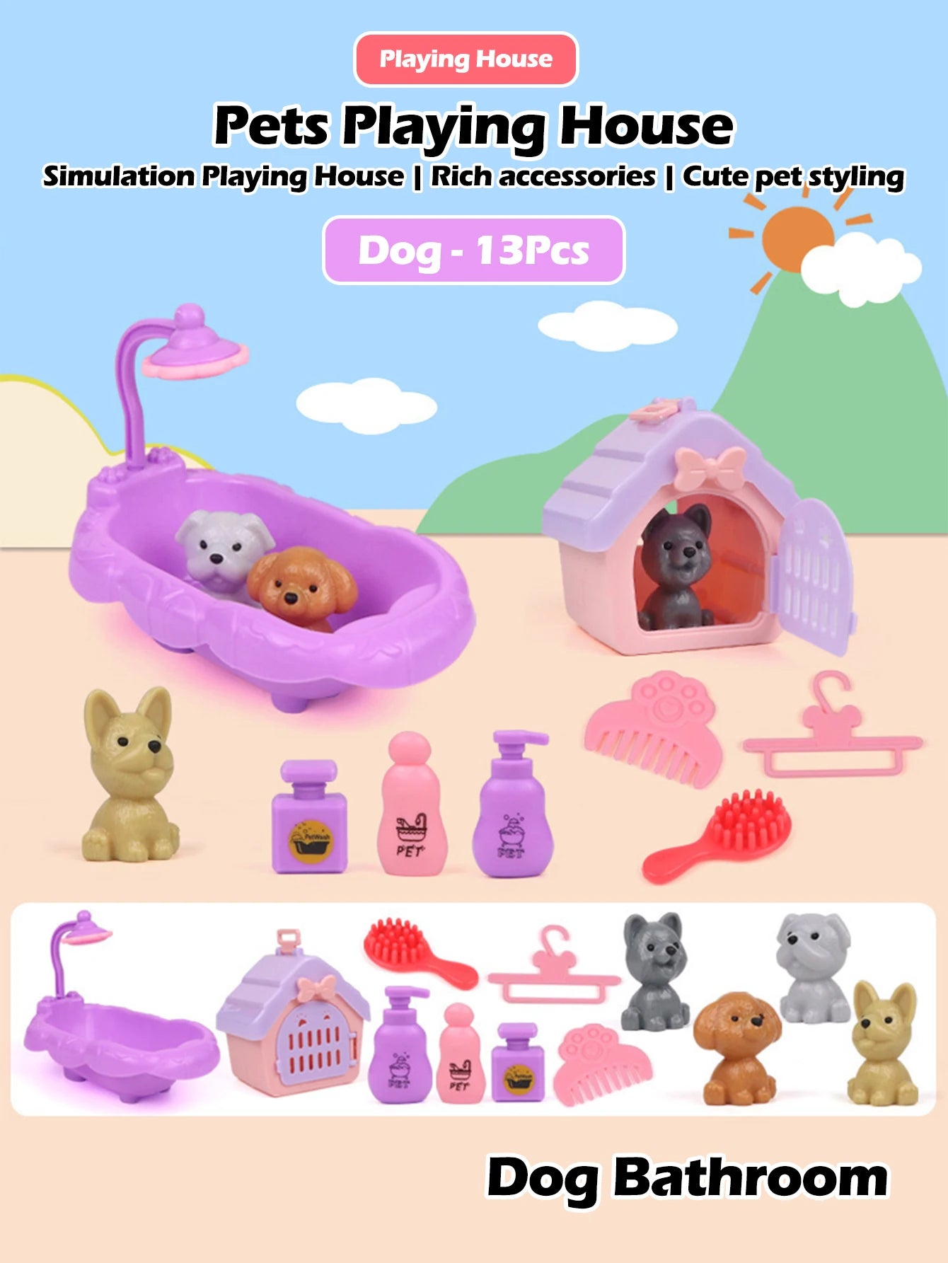 Cute Dog Pet Basket Family Toys Dog Doll Set Cage Toys Scene Playing Toys Christmas Decoration Thanksgiving Gifts color randomly