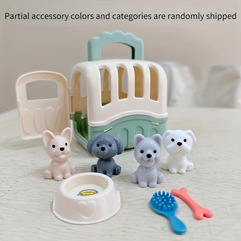 8pcs/set Cute Dog Pet Basket Family Toys Dog Doll Set Dog Cage Toys Scene Playing Toys Christmas Decoration Gifts