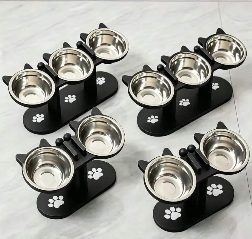 3 Bowl Elevated Cat Feeder with Food Water & Treat Bowls, 15° Tilted Raised Cat Bowl Stand with Detachable Stainless Steel Bowls, Anti-Slip Base, Ergonomic Design Reduces Neck Strain, Easy Clean Stable Pet Feeding Station