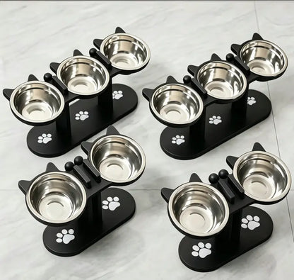 3 Bowl Elevated Cat Feeder with Food Water & Treat Bowls, 15° Tilted Raised Cat Bowl Stand with Detachable Stainless Steel Bowls, Anti-Slip Base, Ergonomic Design Reduces Neck Strain, Easy Clean Stable Pet Feeding Station