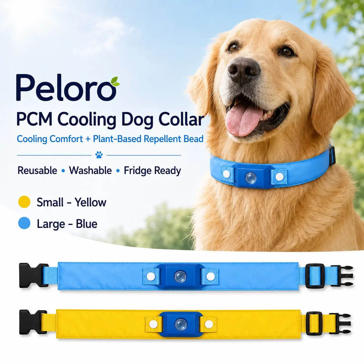 Peloro PCM Cooling Dog Collar with Botanical Repellent Bead Clip, Reusable Fridge Ready Dog Cooling Band for Summer Walks, Parks, Camping & Travel, Washable Outdoor Pet Cooling Collar A