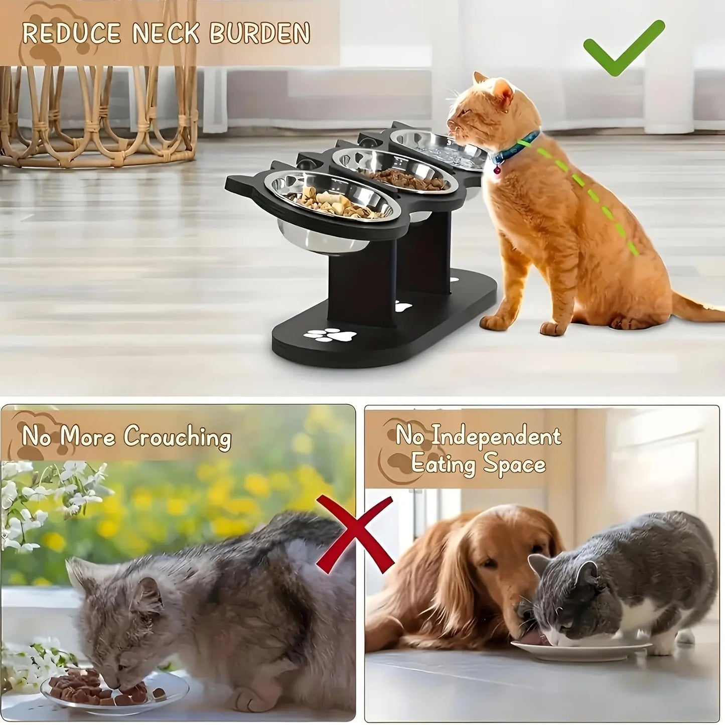 3 Bowl Elevated Cat Feeder with Food Water & Treat Bowls, 15° Tilted Raised Cat Bowl Stand with Detachable Stainless Steel Bowls, Anti-Slip Base, Ergonomic Design Reduces Neck Strain, Easy Clean Stable Pet Feeding Station