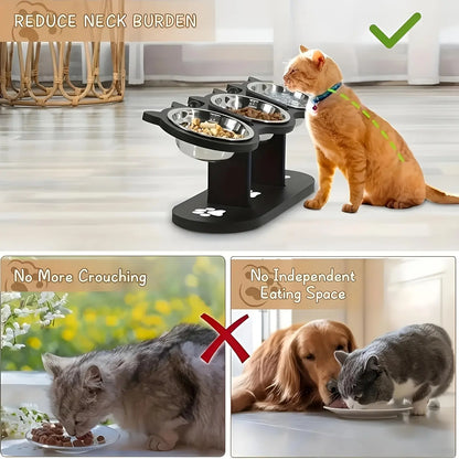 3 Bowl Elevated Cat Feeder with Food Water & Treat Bowls, 15° Tilted Raised Cat Bowl Stand with Detachable Stainless Steel Bowls, Anti-Slip Base, Ergonomic Design Reduces Neck Strain, Easy Clean Stable Pet Feeding Station