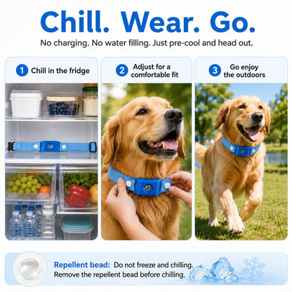 Peloro PCM Cooling Dog Collar with Botanical Repellent Bead Clip, Reusable Fridge Ready Dog Cooling Band for Summer Walks, Parks, Camping & Travel, Washable Outdoor Pet Cooling Collar A