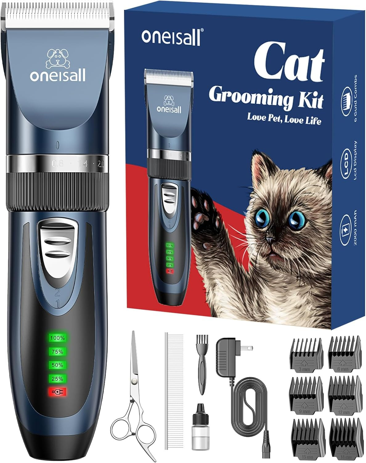 Quiet Cat Clippers for Matted Hair & Long Hair, Cat Shaver | Cordless Cat Grooming Kit, LCD Display, 6 Guard Combs, 240-Min Runtime, 2-Speed Low Noise Trimmer for Cats & Small Dogs