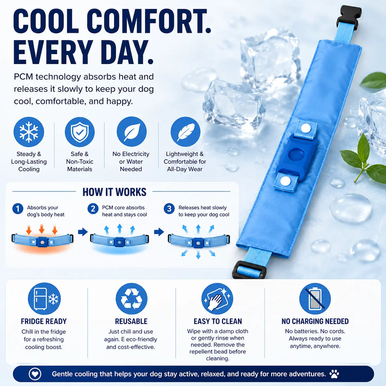 Peloro PCM Cooling Dog Collar with Botanical Repellent Bead Clip, Reusable Fridge Ready Dog Cooling Band for Summer Walks, Parks, Camping & Travel, Washable Outdoor Pet Cooling Collar A