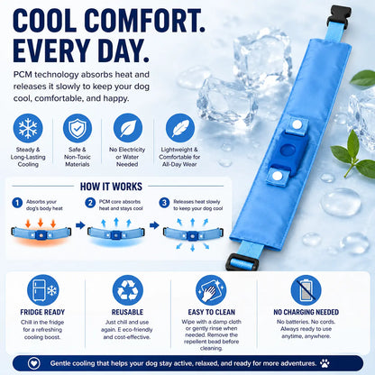 Peloro PCM Cooling Dog Collar with Botanical Repellent Bead Clip, Reusable Fridge Ready Dog Cooling Band for Summer Walks, Parks, Camping & Travel, Washable Outdoor Pet Cooling Collar A