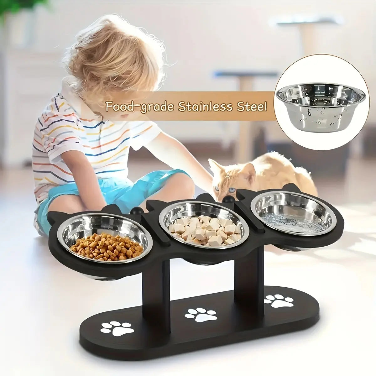 3 Bowl Elevated Cat Feeder with Food Water & Treat Bowls, 15° Tilted Raised Cat Bowl Stand with Detachable Stainless Steel Bowls, Anti-Slip Base, Ergonomic Design Reduces Neck Strain, Easy Clean Stable Pet Feeding Station