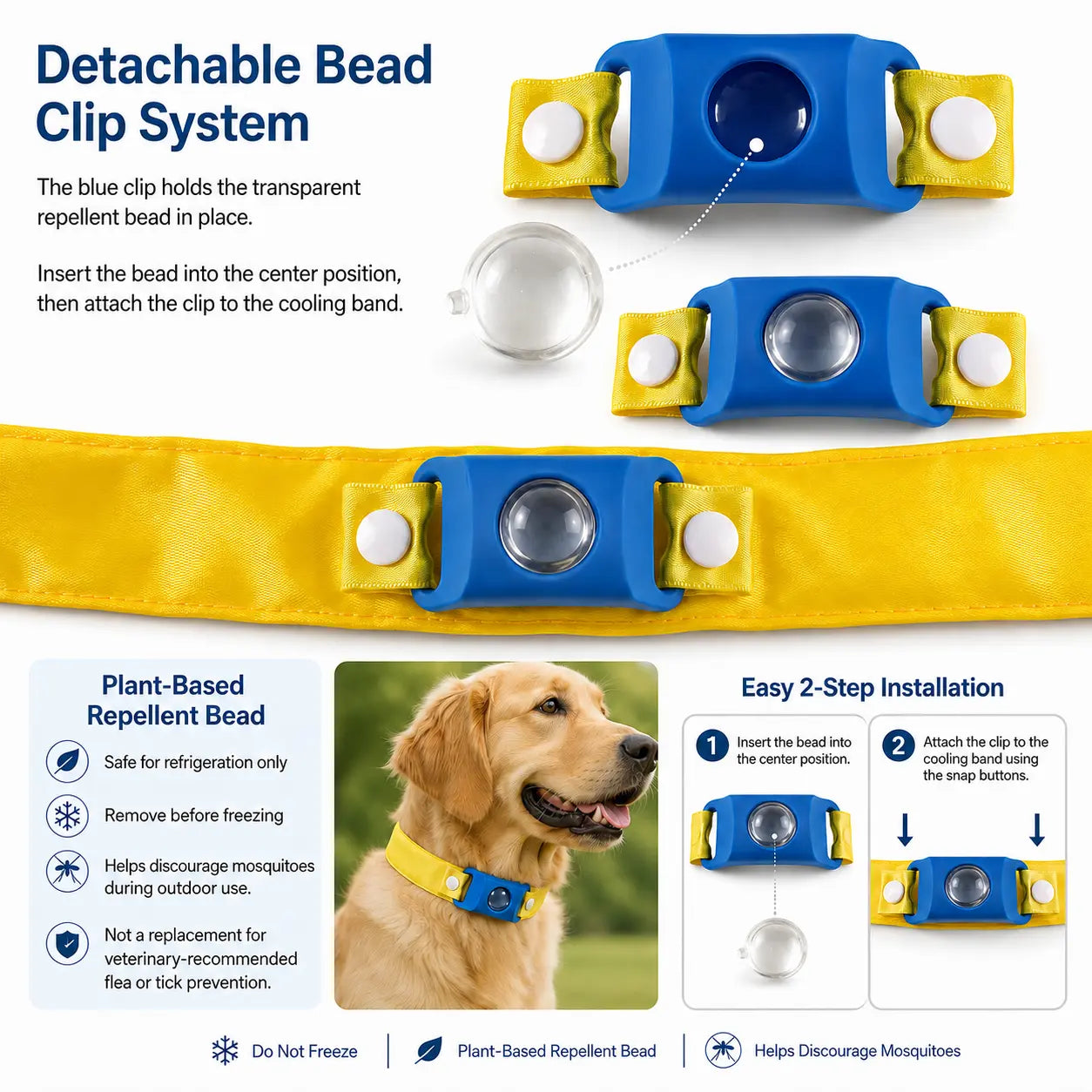 Peloro PCM Cooling Dog Collar with Botanical Repellent Bead Clip, Reusable Fridge Ready Dog Cooling Band for Summer Walks, Parks, Camping & Travel, Washable Outdoor Pet Cooling Collar A
