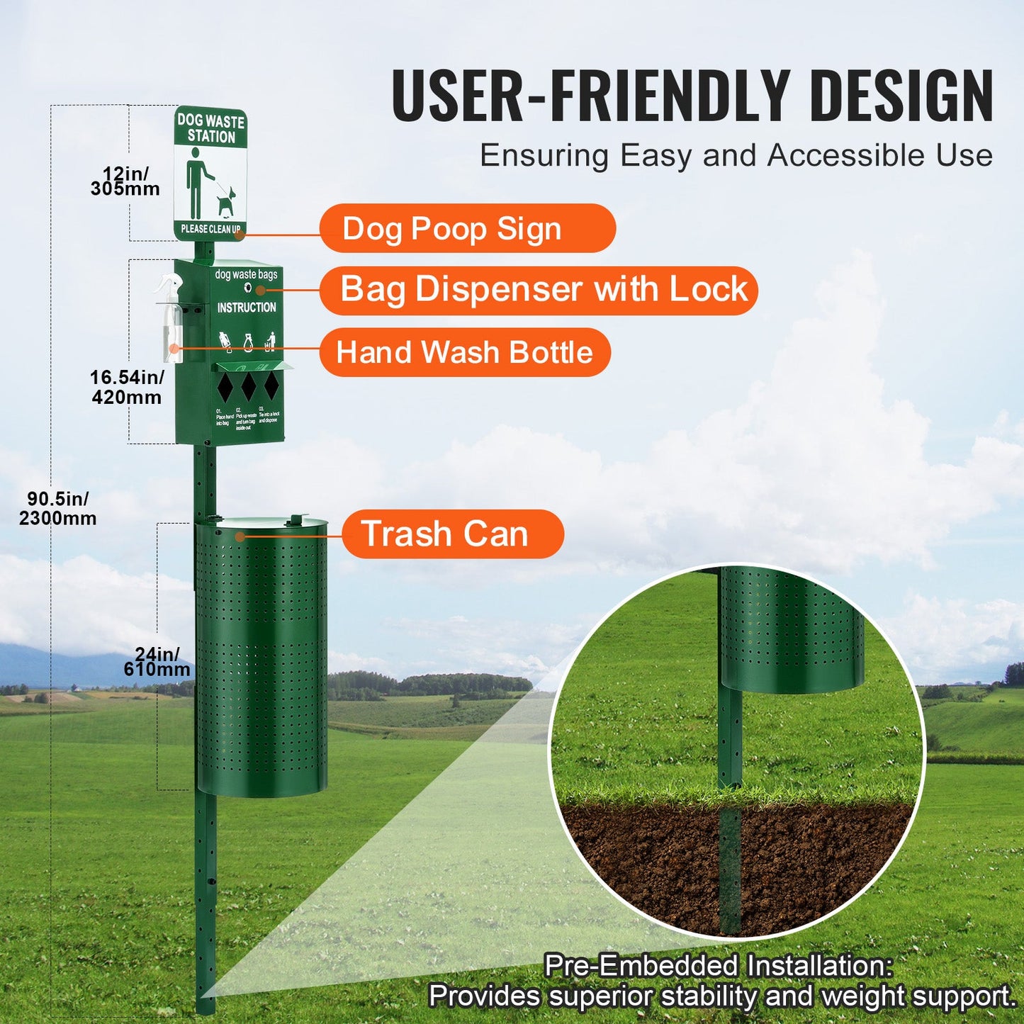 Dog Waste Station with Hand Wash Bottle, Commercial Dog Poop Station, 11.5 Gallons Pet Waste Bin with 50 Can Liners, Bag Dispenser & 600 Waste Bags, Outdoor Dog Waste Disposal System for Backyard