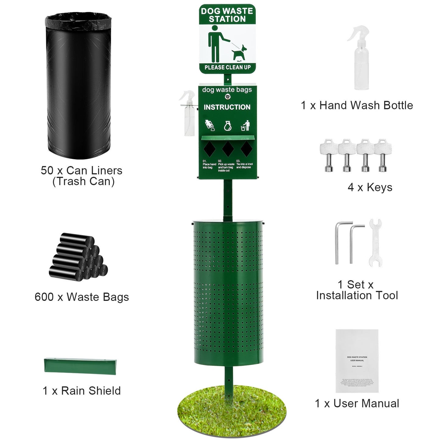 Dog Waste Station with Hand Wash Bottle, Commercial Dog Poop Station, 11.5 Gallons Pet Waste Bin with 50 Can Liners, Bag Dispenser & 600 Waste Bags, Outdoor Dog Waste Disposal System for Backyard
