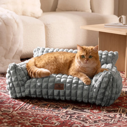 24" Faux Rabbit Fur Pet Couch Bed for Cats - Fluffy 3D Diamond Pattern Sofa, Removable Washable Cover, Non-Slip Base, Suitable for Small Dogs & Kittens Campingessentials
