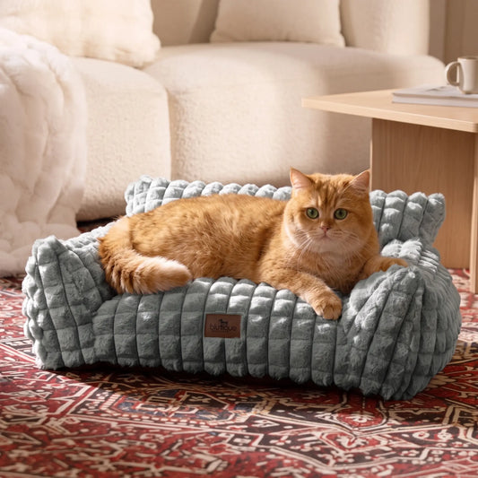 24" Faux Rabbit Fur Pet Couch Bed for Cats - Fluffy 3D Diamond Pattern Sofa, Removable Washable Cover, Non-Slip Base, Suitable for Small Dogs & Kittens Campingessentials