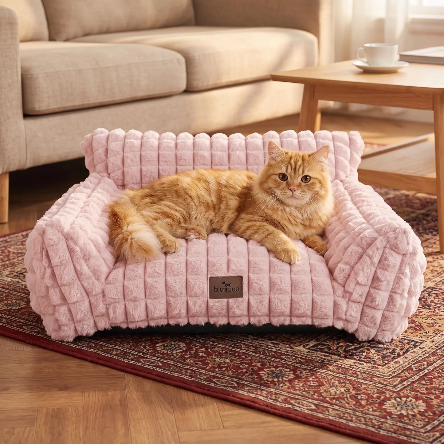 24" Faux Rabbit Fur Pet Couch Bed for Cats - Fluffy 3D Diamond Pattern Sofa, Removable Washable Cover, Non-Slip Base, Suitable for Small Dogs & Kittens Campingessentials