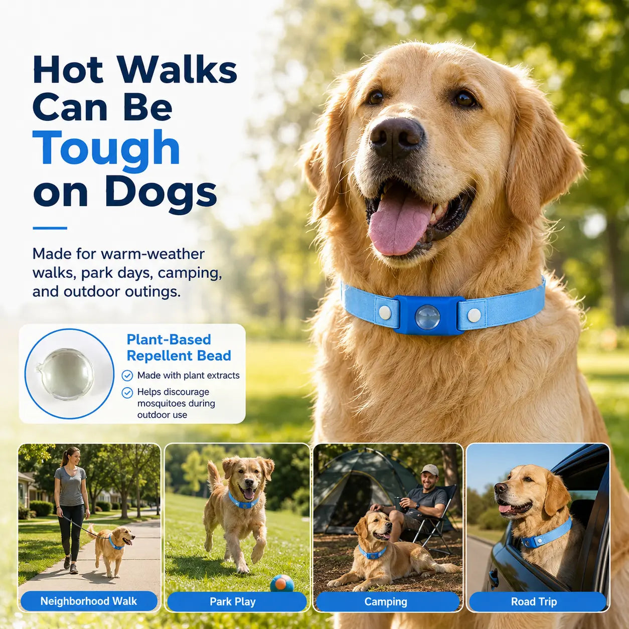 Peloro PCM Cooling Dog Collar with Botanical Repellent Bead Clip, Reusable Fridge Ready Dog Cooling Band for Summer Walks, Parks, Camping & Travel, Washable Outdoor Pet Cooling Collar A