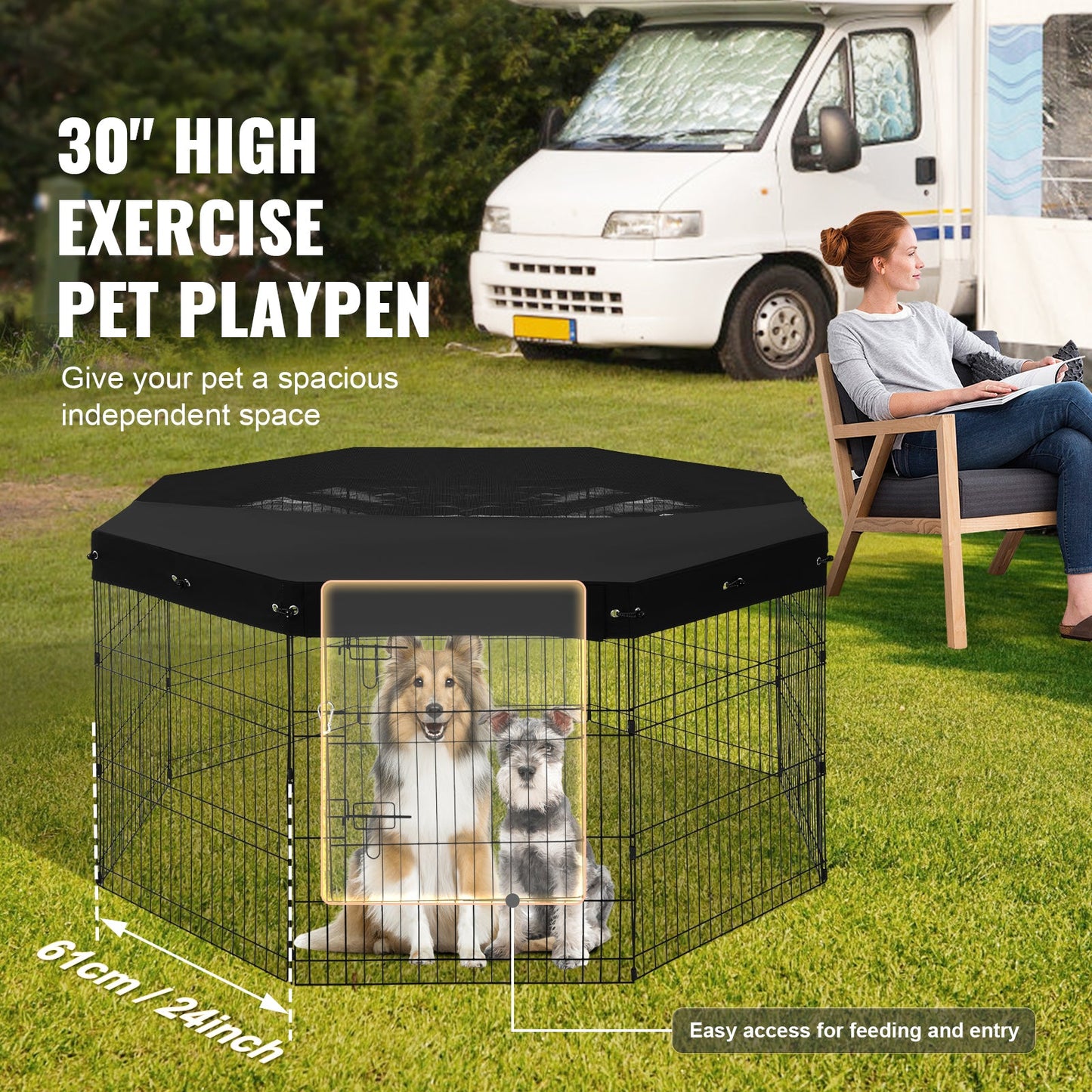 Dog Playpen, 8 Pcs 30H x 24W Panels Foldable Metal Pet Exercise Pen, Dog Fence Indoor and Outdoor Pen with Door, 600D Oxford Fabric Top Cover, Pet Playpen for Dogs, Cats, Other Small Animals