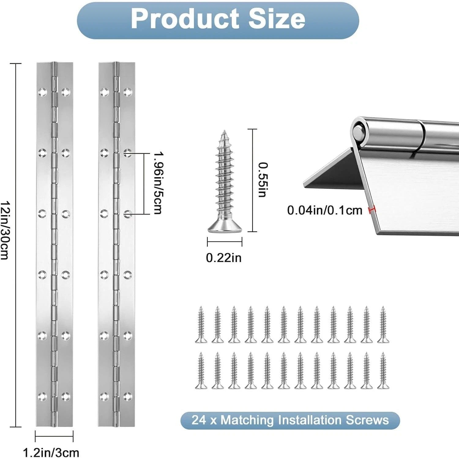 2Pcs Piano Hinge 12 Inch Stainless Steel Hinges with Holes and 24 Pieces