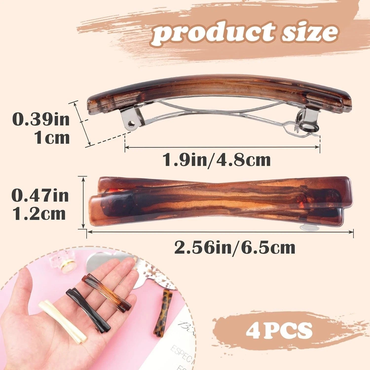 4PCS French Barrette Hair Clips for Women, 2.56 Inch Small Tortoise Shell Hair C
