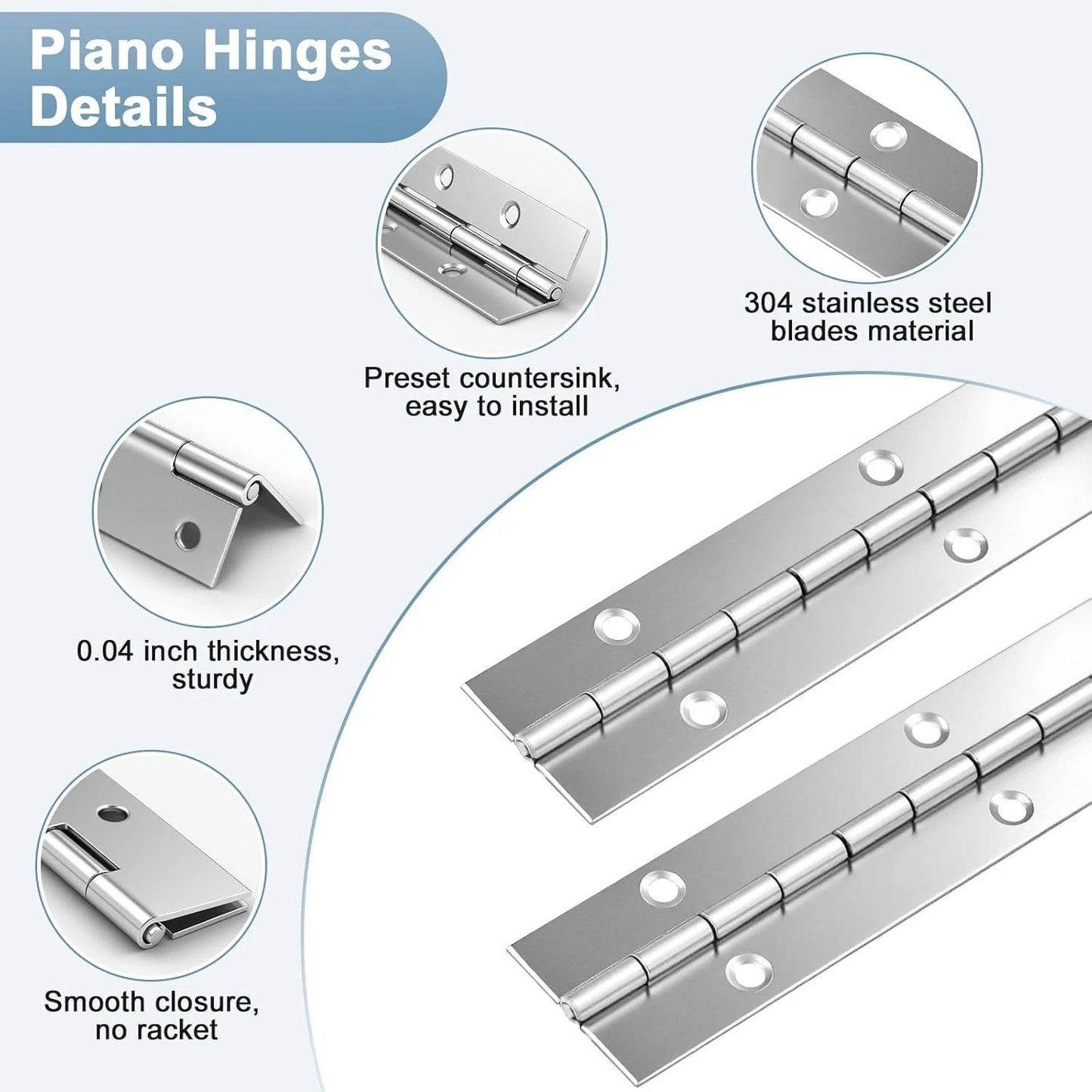2Pcs Piano Hinge 12 Inch Stainless Steel Hinges with Holes and 24 Pieces