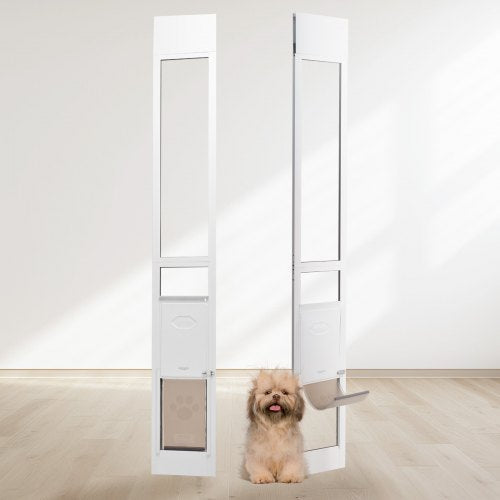 Dog Door for Sliding Glass Door, 75 7/8-80 11/16 Adjustable Height Doggy Door for Sliding Doors, Aluminum Frame Tempered Glass Pet Door with Hinge Structure Flap and Lock for Small-Sized Dogs