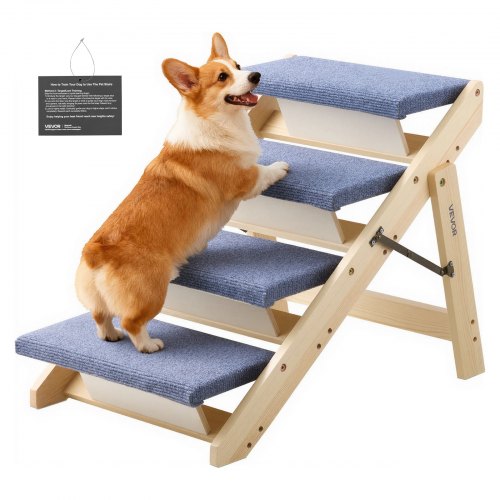 Wood Pet Stairs, 4-Step Dog Stairs for Beds, Sofa & Cars, 150lbs Load Capacity, Floded Flat Design, Stable & Sturdy Cat & Dog Step Ladder for Small Medium Large Older Pet Puppy Essentials