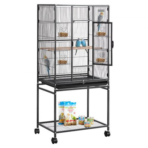 Bird Cage, 24.6 x 16.7 x 53.9 inch, Flat Top, Wrought Iron Bird Flight Cage with Perches, Slide-Out Tray and Plastic Feeders, Casters, for Parrot, Blue Tit, Cockatiel, Canary, Budgerigar, Conure